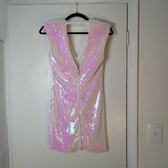 Sequins of White Sparkles of Seafoam on a Wash of Dayglow Pink Sheath Dress SzS - Picture 4 of 9